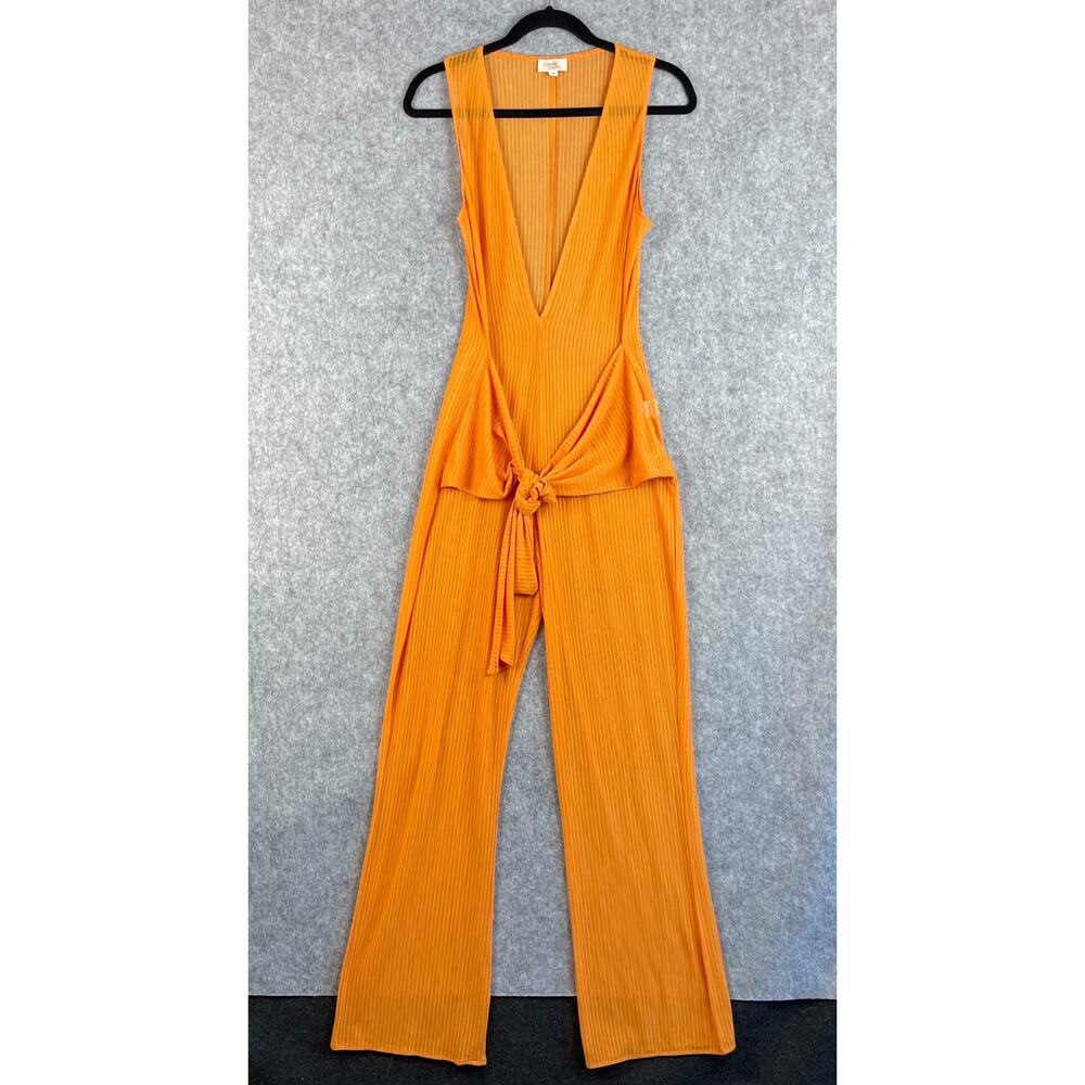 Camila Coelho Vesta Jumpsuit Womens Medium Orange Sheer Mesh Stripe Resort Beach